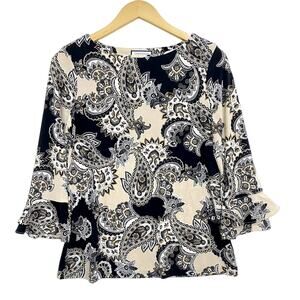 Charter Club Petite Top Womens Size PM Black Paisley Print 3/4 Sleeve Round Neck